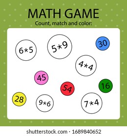 Juego de matemáticas para niños. Calcular, hacer coincidir la suma con la respuesta y, a continuación, colorearla. 