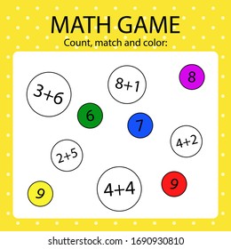 Math game for kids. Calculate, match sum with the answer and then color it. 