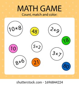 Math game for kids. Calculate, match sum with the answer and then color it. 