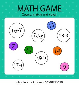 Math game for kids. Calculate, match sum with the answer and then color it. 