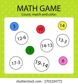 Math game for kids. Calculate, match sum with the answer and then color it. 