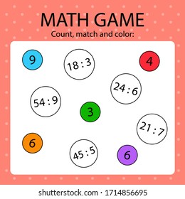 Math game for kids. Calculate, match sum with the answer and then color it.