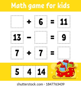 Math game for kids. Christmas theme. Education developing worksheet. Activity page with pictures. Game for children. Color isolated vector illustration. Funny character. Cartoon style.