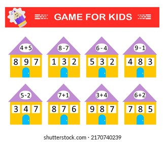 Math game for kids. Circle the right answer. Preschool worksheet activity. Number range up to 10. Printable worksheet. Vector illustration. 