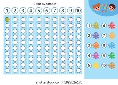 Math game for kids. Color by example. score from 1 to 10. Preschool educational aid for kindergartens. Children early learning montessori kit for intelligence. Vector illustration