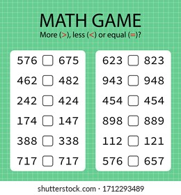 Math game for kids. Compare pairs of numbers and put symbol - more, less of equal.