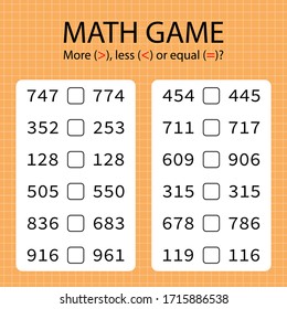 Math game for kids. Compare pairs of numbers and put symbol - more, less of equal.