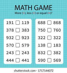 Math game for kids. Compare pairs of numbers and put symbol - more, less of equal.