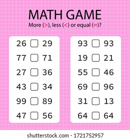 Math game for kids. Compare pairs of numbers and put correct  symbol - more, less of equal - in blanks.