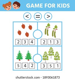 Juego de matemáticas para niños. Comparación, más menos igualitaria. Página educativa para niños pequeños. Pino y abedul y sus frutas. Diseño de vectores de hojas de trabajo para niños