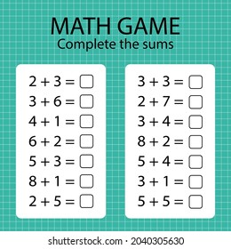 Math game for kids. Complete the sums