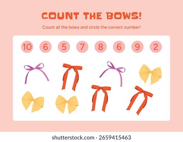 Juego de matemáticas para niños. Cuenta todos los arcos y marca la respuesta correcta. Actividad de aprendizaje de números preescolar con objetos coloridos. Rompecabezas de lógica visual para la educación temprana. Ilustración vectorial