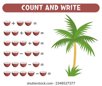 Math game for kids. Count coconuts. Printable worksheets.