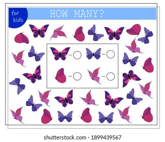 math game for kids count how many butterflies, how many of them. Vector isolated on a white background