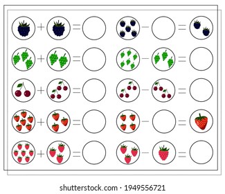 Math game for kids count how many of them there are. count how many berries are raspberries, strawberries, blackberries, grapes, cherries. Vector isolated on white background