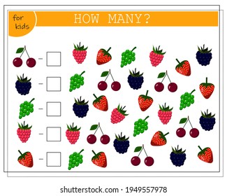 Math game for kids count how many of them there are. count how many berries are raspberries, strawberries, blackberries, grapes, cherries. Vector isolated on white background