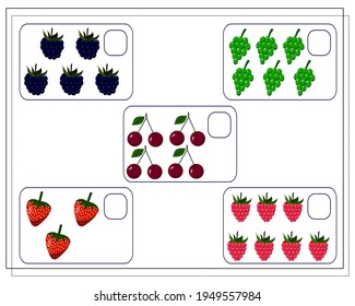 Math game for kids count how many of them there are. count how many berries are raspberries, strawberries, blackberries, grapes, cherries. Vector isolated on white background