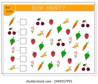 Los juegos matemáticos para los niños cuentan cuántos de ellos hay. contar cuántas bayas son frambuesas, bananas, zanahorias, tulipanes, uvas, cerezas. Vector aislado en fondo blanco