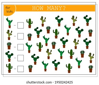 Math game for kids count how many of them there are. count how many cacti there are. Vector