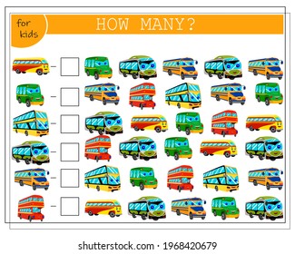 math game for kids count how many of them there are. Cartoon buses with eyes and a smile of red, yellow and green color. vector isolated on a white background