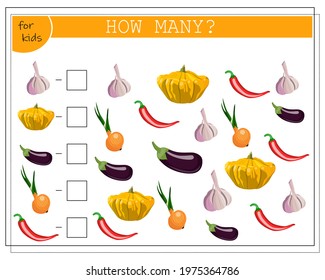 math game for kids, count how many items, vegetables. garlic, pattison, chili pepper, eggplant, onion. vector isolated on a white background