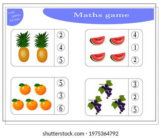 math game for kids, count how many items, fruits pineapple, watermelon, blackcurrant, peach. vector isolated on a white background