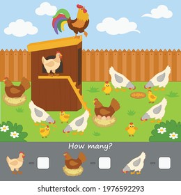 Math game for kids. Count how many chickens are in the picture. Worksheet design for counting. 