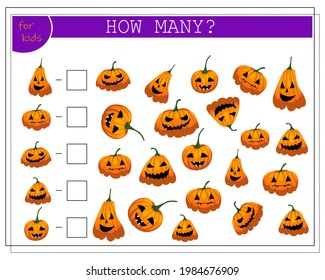 math game for kids count how many of them, pumpkins, Halloween. vector isolated on a white background.