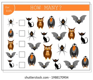 math game for kids count how many of them, cat, owl, crow, spider, bat, halloween. vector isolated on white background
