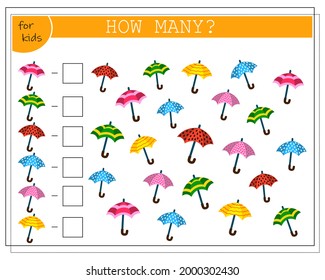 Math game for kids. Count how many umbrellas there are. Vector isolated on a white background.