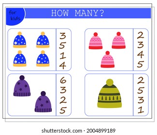 Math game for kids. count how many caps there are. vector isolated on a white background.