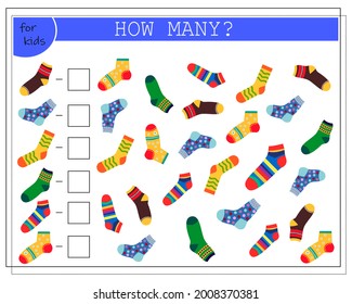 math game for kids. count how many of them there are. multi-colored socks with a different pattern. vector isolated on a white background