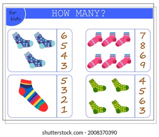 Math Game For Kids. Count How Many Of Them There Are. Multi-colored Socks With A Different Pattern. Vector Isolated On A White Background