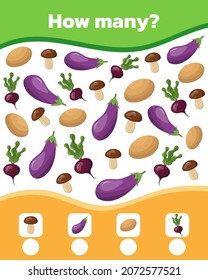 Math game for kids. Count how many objects and write the result. Vector illustration.