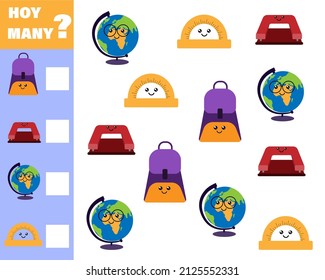 Math game for kids count how many items. Count how many cute cartoon school subjects. Vector isolated on a white background