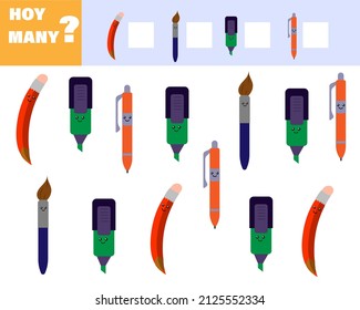 Math game for kids count how many items. Count how many cute cartoon school subjects. Vector isolated on a white background