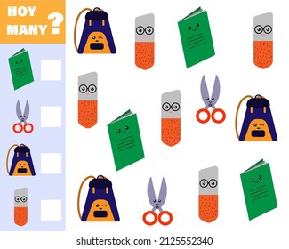 Math game for kids count how many items. Count how many cute cartoon school subjects. Vector isolated on a white background