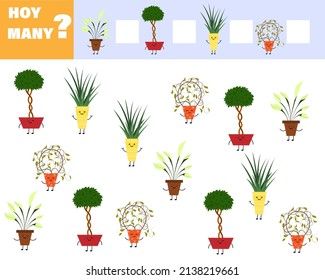 Math game for kids count how many items. Count how many cute cartoon flowers are in pots. Vector isolated on a white background