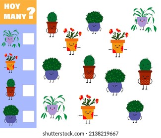 Math game for kids count how many items. Count how many cute cartoon flowers are in pots. Vector isolated on a white background