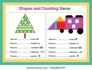 Math game for kids. Count how many triangles, circles, rectangles, squares and trapezoid. Vector illustration.