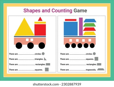 Math game for kids. Count how many triangles, circles, rectangles, squares and trapezoid. Vector illustration.