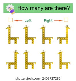 Math game for kids. Count how many cartoon giraffes are turned left and how many are turned right. Vector illustration. 