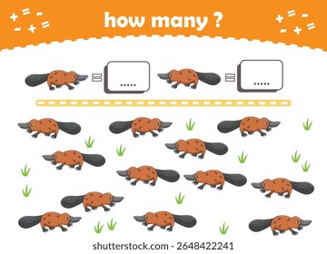 Math game for kids. Count how many animals are turned left and how many are turned right. Vector Illustration