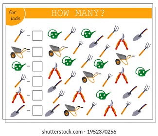 A math game for kids. Count the number of tools. Garden tools, shovel rake cart watering can, garden scissors.