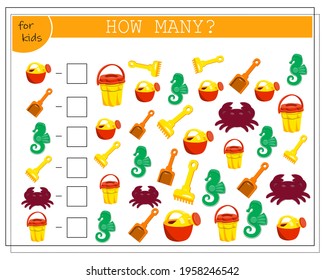 Un juego de matemáticas para los niños. Cuenta el número de juguetes de arena. Cubo, pala, rastrillo, moldes de arena, lata de agua. Vector aislado en fondo blanco