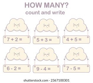 Math game for kids. Count and write with cute cloud. Printable worksheets.