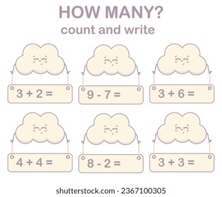 Math game for kids Count and write with cute cloud Printable worksheets