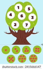 Mathe-Spiel für Kinder. Schneide und steh. Zähl die Anzahl der Äpfel auf einem Baum. Erziehungskarten für Kinder. Seiten mit vorbereitenden Aktivitäten, Arbeitsblatt mit ausgeschnittenem Einzug