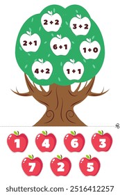 Math game for kids. Cut and stick. Count the number of apples on a tree. Educational flashcards for kids. Preschool activity pages, worksheet with cut out insert.