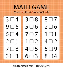 Math game for kids - easy level. Compare pairs of numbers and put symbol - more, less or equal.
